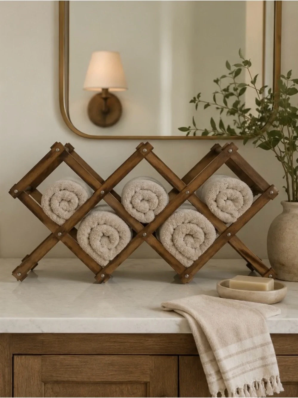 Vintage Wooden Accordian Style Foldable Towel or Large 8 Bottle Wine Rack 23“